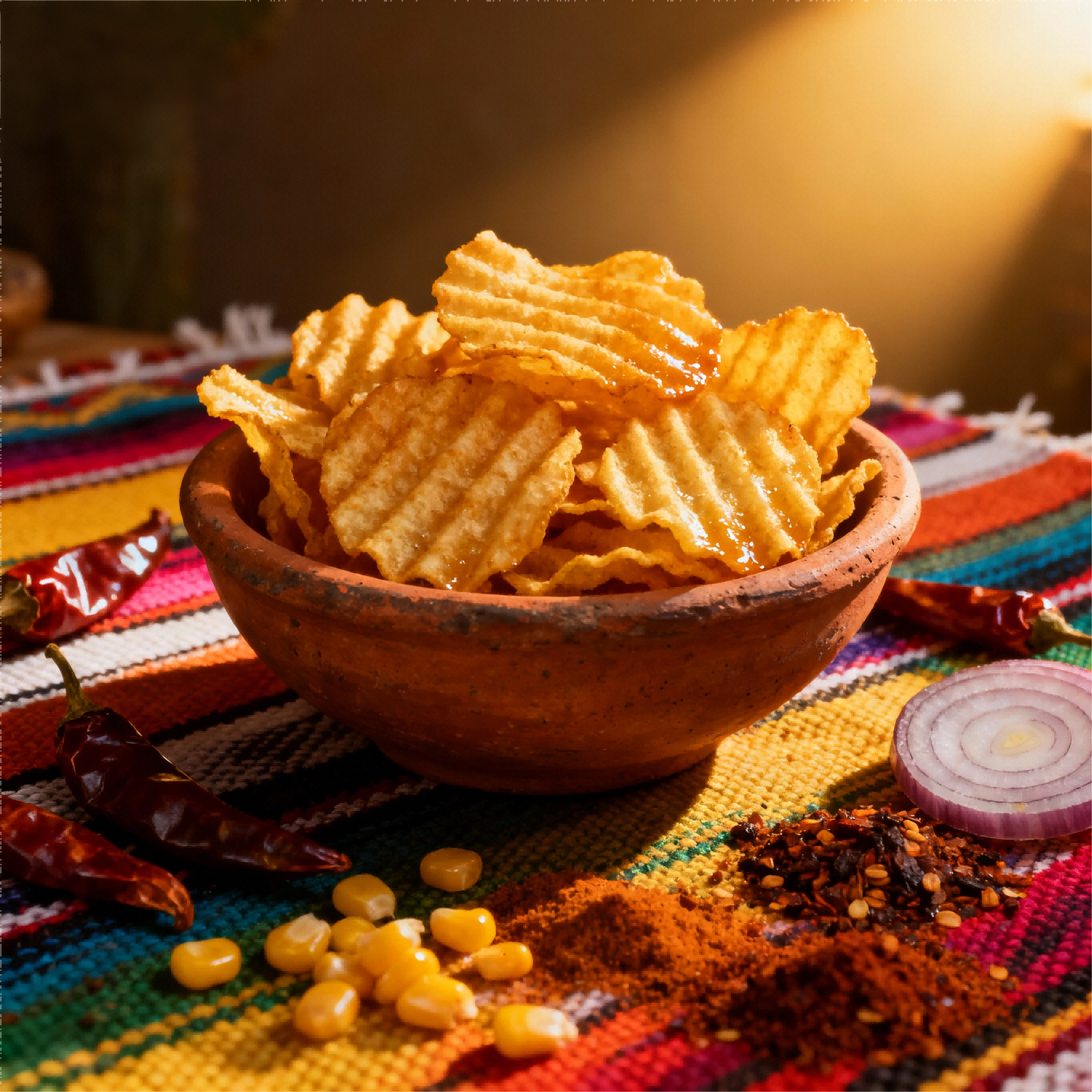 jimeng-2025-11-06-6456-充滿活力的美食攝影，一堆金黃色的波浪薯片盛在粗糙的陶碗裏，周圍散落著幹辣椒、玉米....png